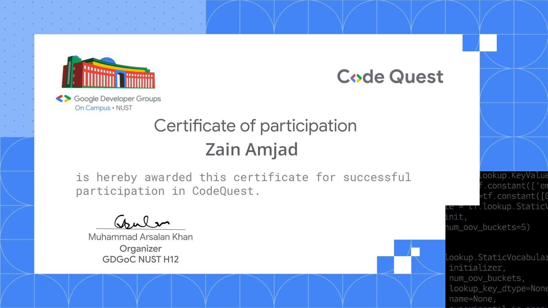 CodeQuest Participation certificate